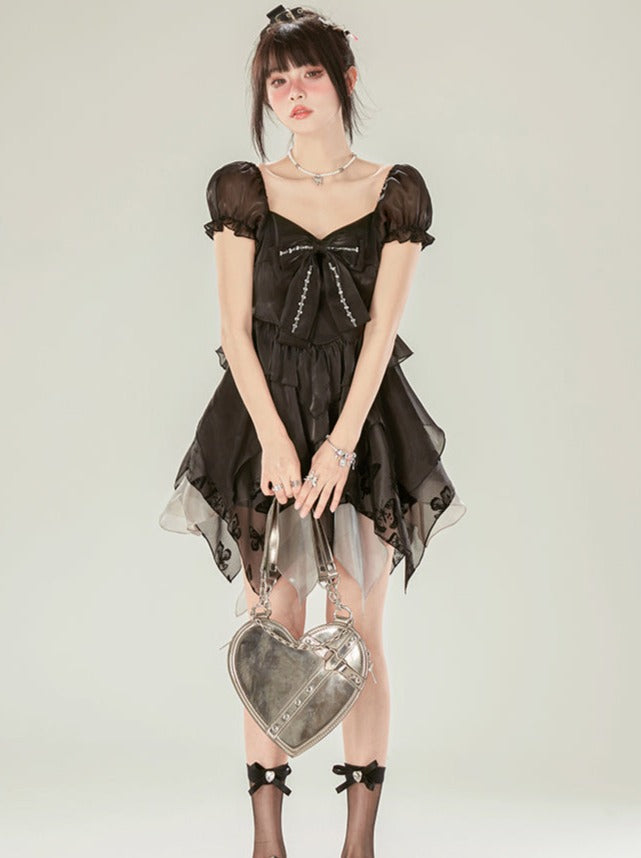 Sleeveless Bow Black Puff Ribbon Dress