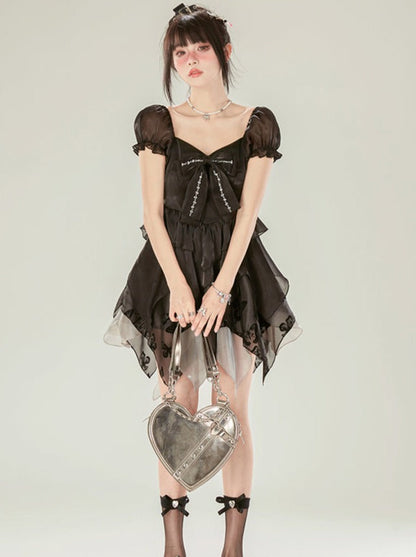 Sleeveless Bow Black Puff Ribbon Dress