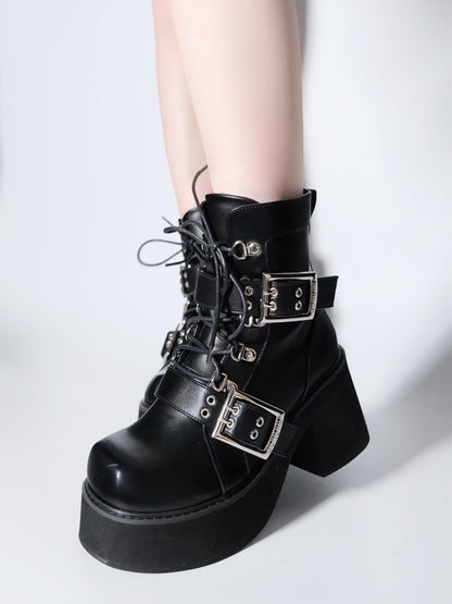 Bottes courtes noires style punk mat à bout carré style sous-culture Y2K