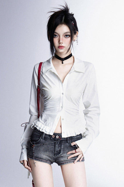 Vネック モデストプリーツブラウス スリム