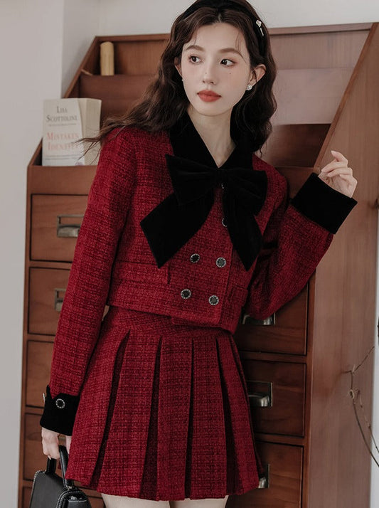 Jupe veste + tweed plissé rétro girly foncé