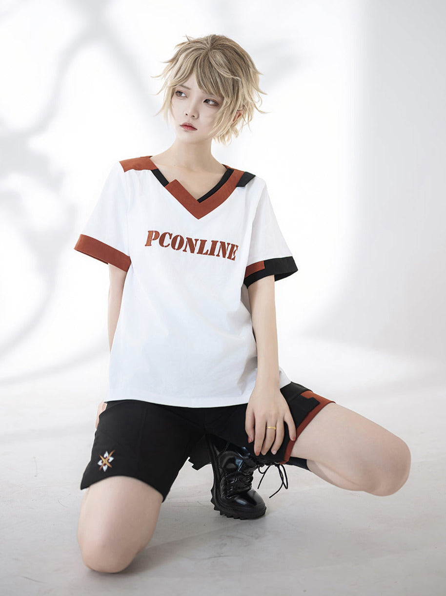 Shorts T-Shirt Weiß Stickerei Sommer V-Ausschnitt
