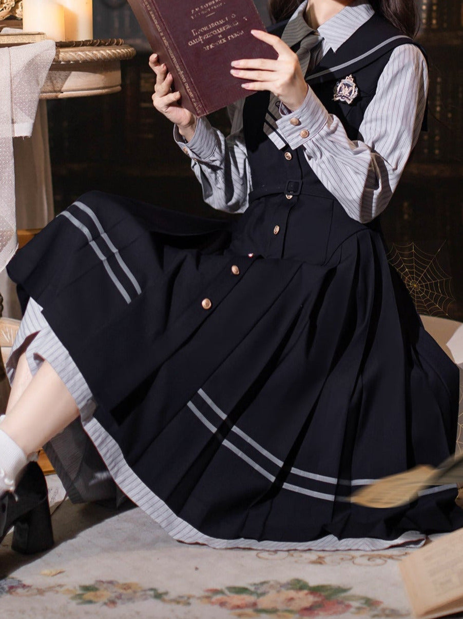Shirt Dress Color + Tie Pleated Navy Suit Striped Badge Retro Magic Dress Academy
