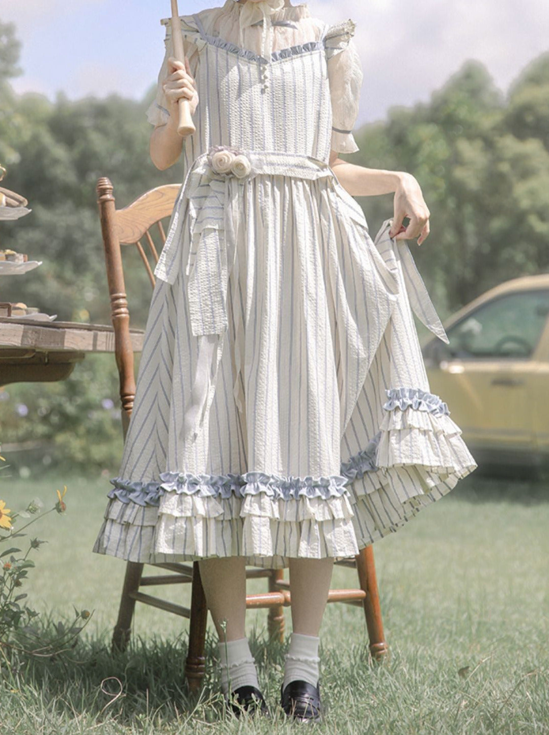Shirt Handmade + Dress Puff Sheer Ruffled Sleeve Shoulder Corsage Inner Fairy Lace + Striped