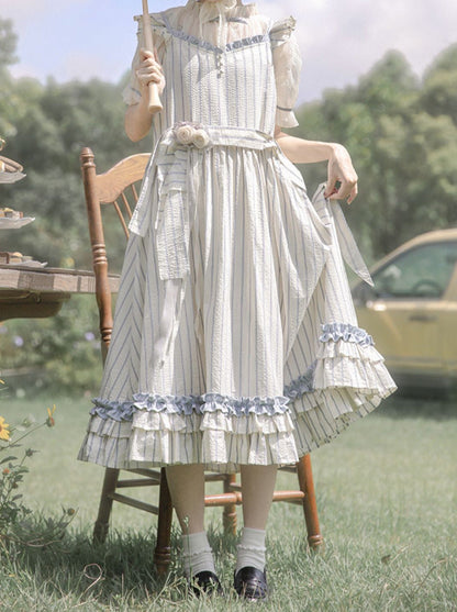 Shirt Handmade + Dress Puff Sheer Ruffled Sleeve Shoulder Corsage Inner Fairy Lace + Striped