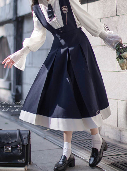 Robe Emblème + Cravate + Chemisier + Volants Rétro Collège Béret Cyan Style Élégant Mousseline