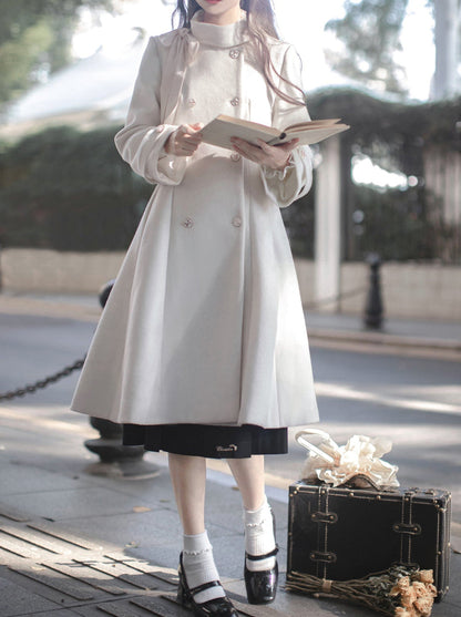 Manteau en laine à col montant, élégant, rétro, ruban, croisé