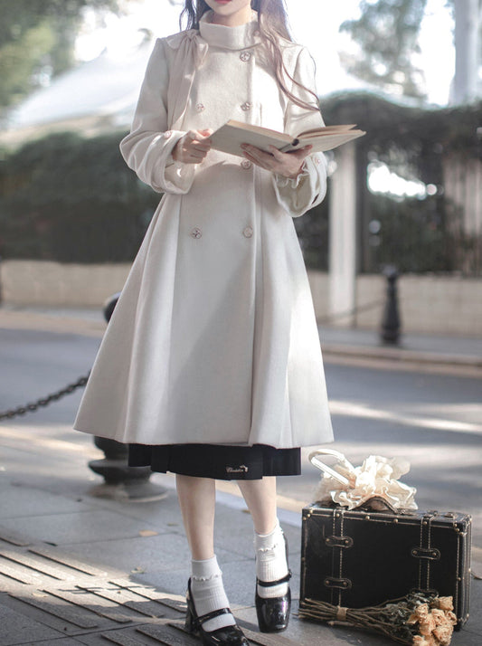 Manteau en laine à col montant, élégant, rétro, ruban, croisé