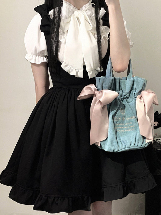 Shoulder Ribbon Lace Black Strap Dress