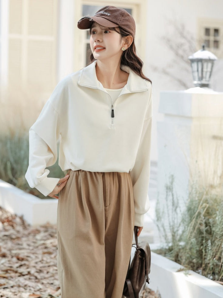 Pullover Zipper Sweatshirt College Style Lapel