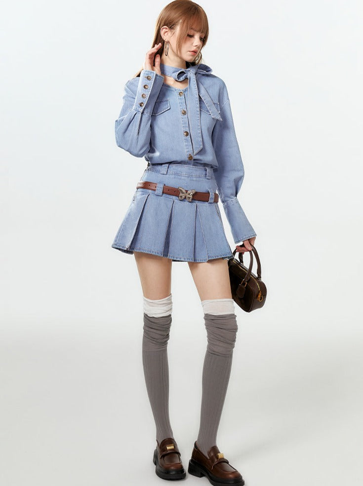 プリーツデニムネックシャツリボンスカート