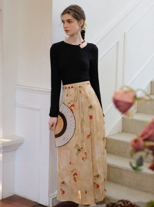 Flower Top Long Asymmetrical Slit Skirt