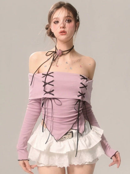 Strap Top Ribbon Off-the-shoulder Ruffle High-end