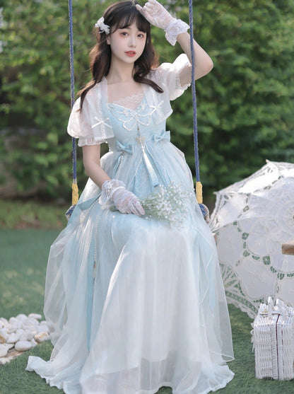 Blue Shawl Sheer Summer Summer Dress + Lolita Chinese