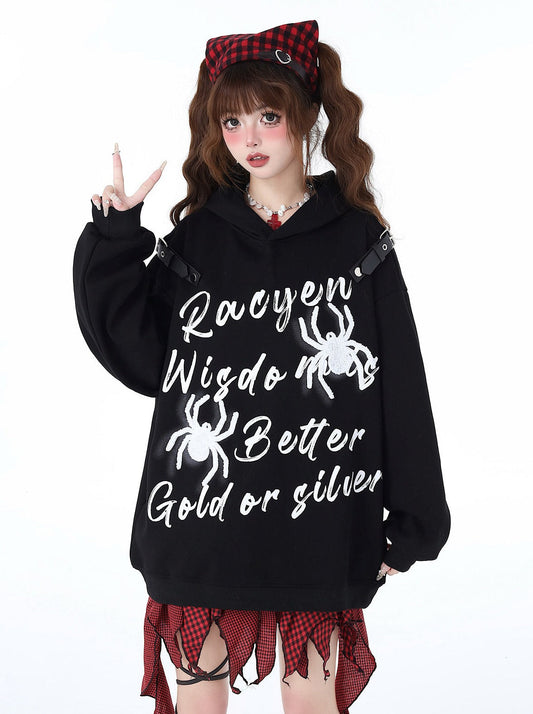 Sweat à capuche imprimé Street avec boucle en cuir et graffiti américain Spider