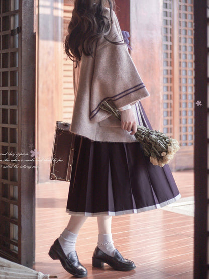 Collar Corsage Dress Retro Shirt Vest Cardigan Stand Knit Ruffle Sleeve + Japanese Ribbon