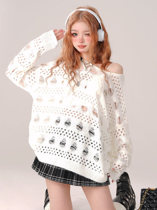 Ripped Cutout White Top Knit