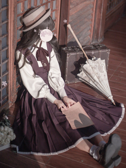 Collar Corsage Dress Retro Shirt Vest Cardigan Stand Knit Ruffle Sleeve + Japanese Ribbon