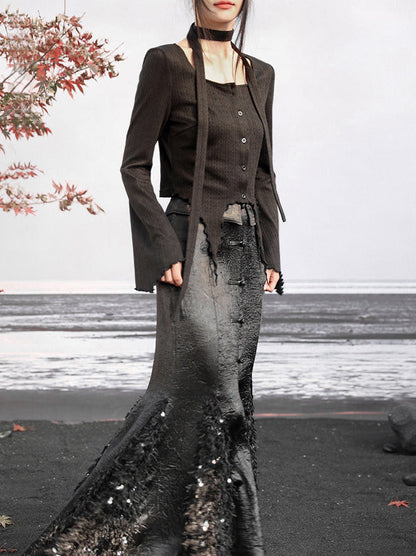 Design Skirt Mermaid China Satin Splyce Feather Sequined Dark