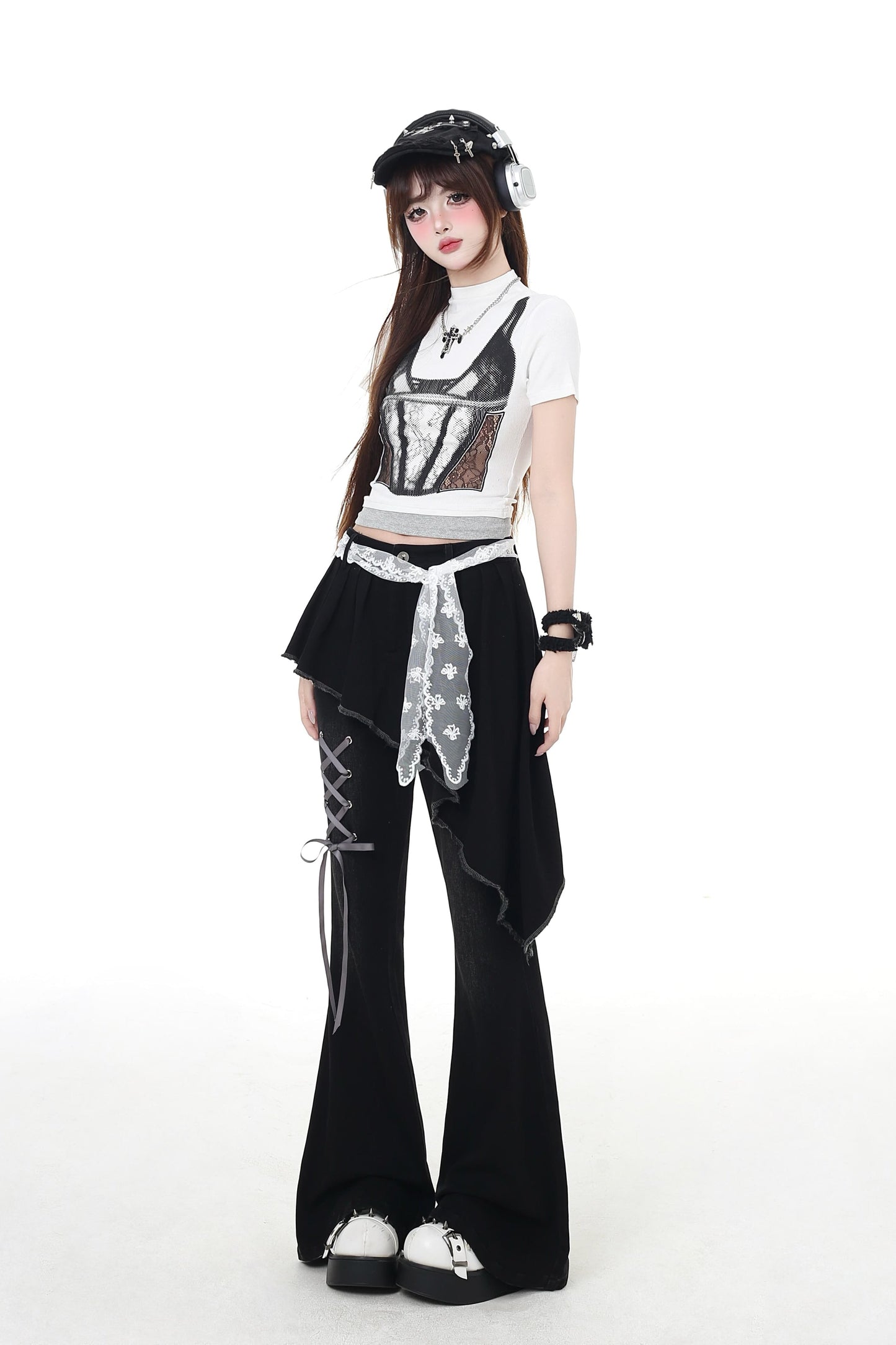 pants slim Lace-up flare long