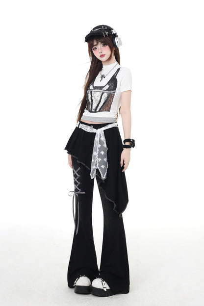 pants slim Lace-up flare long