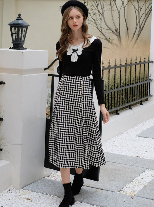 Design Lace Diamond Ribbon + Top Check Skirt