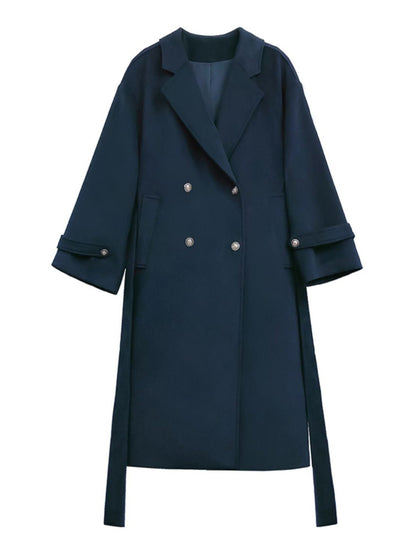 Manteau cocon élégant en laine à double boutonnage bleu