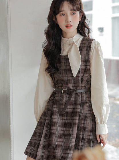 Checked Skirt Ribbon Shirt + Suspender