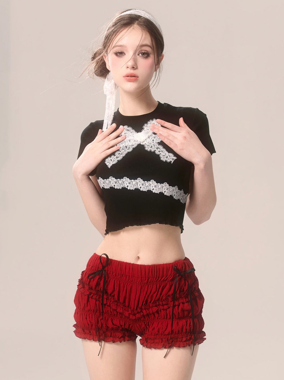Ruffle Cherry Shorts Red