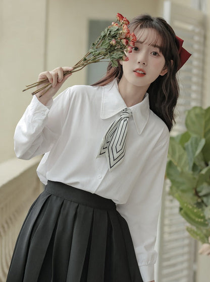 Scarf + Lapel Long Shirt Skirt Pleated