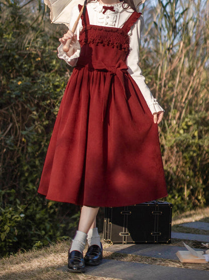 Bretelles tissées roses + chemise intérieure en plumes + robe blanche avec corsage poème + veste à volants rouge à volants rétro rose