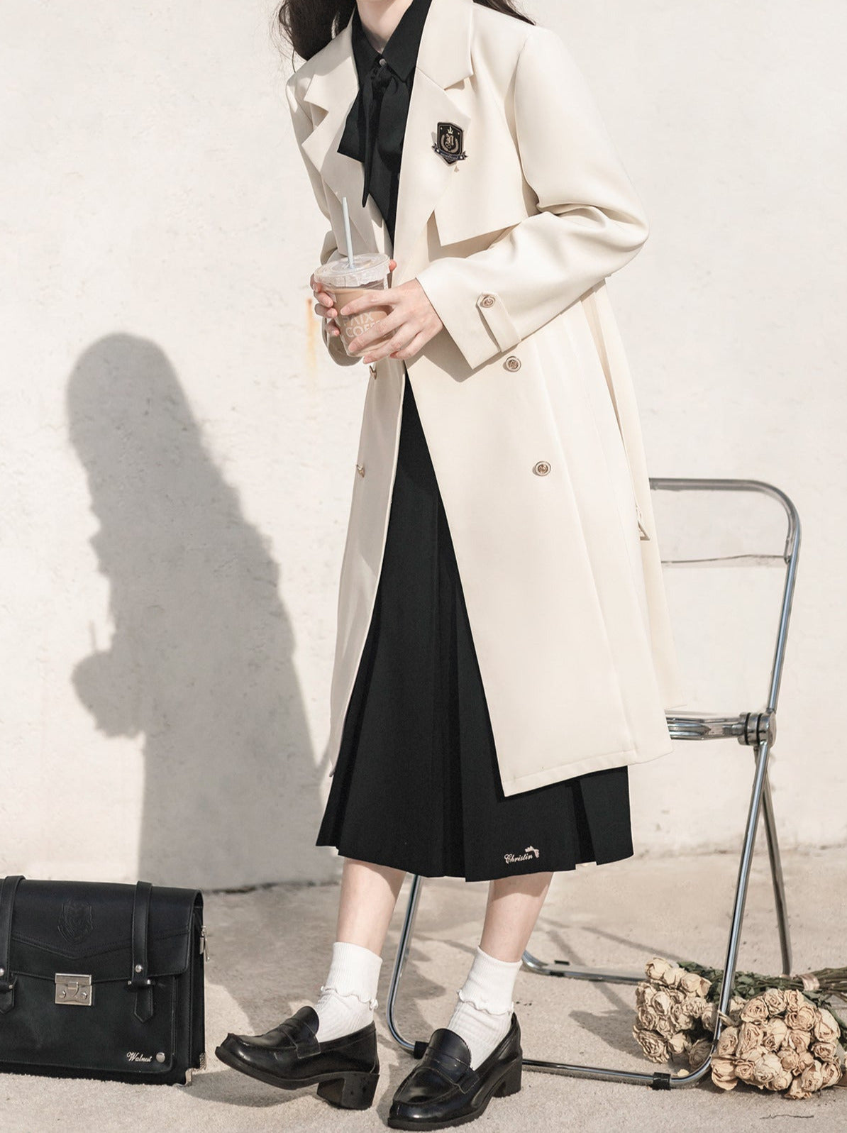 Jupe + Trench Badge Collège Chemise Abricot Manteau Plissé Brodé Métal Ruban Noir