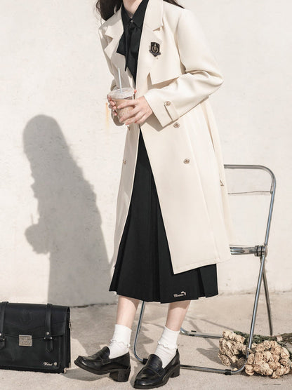 Jupe + Trench Badge Collège Chemise Abricot Manteau Plissé Brodé Métal Ruban Noir