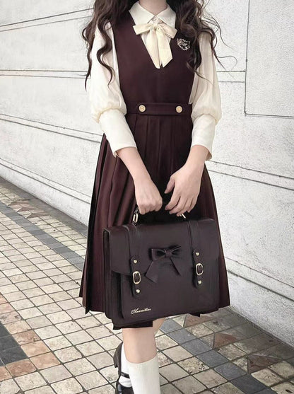Jupe gilet universitaire en mousseline de soie + style chemise crème accessoires ruban intérieur col en V