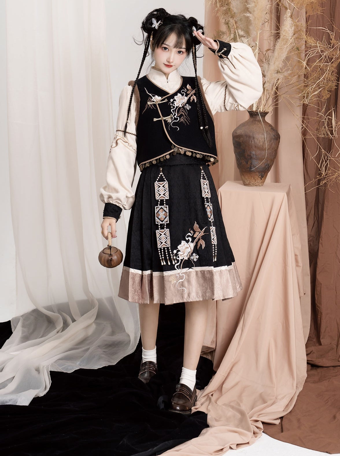 Exotic Plus Blouse Vest Flower Sleeve Bag Shoulder Balloon Flared Skirt