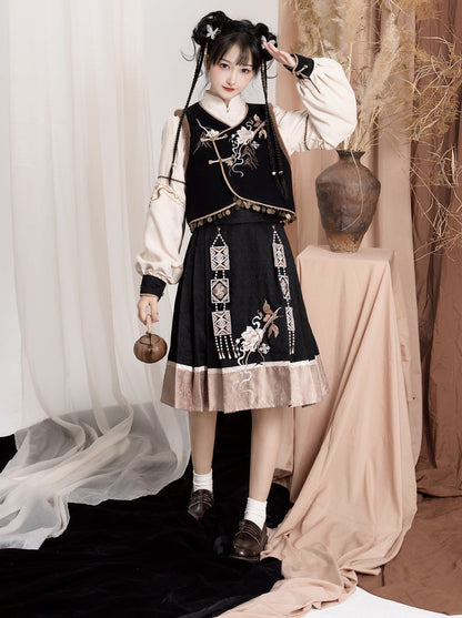 Exotic Plus Blouse Vest Flower Sleeve Bag Shoulder Balloon Flared Skirt