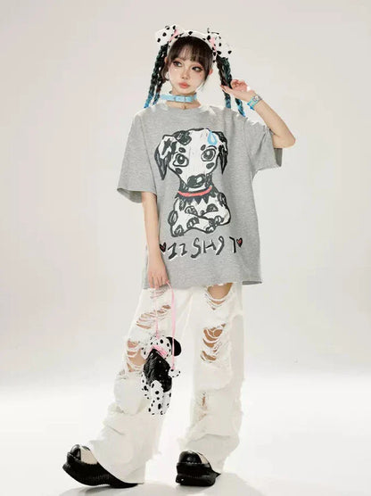 Dalmatiner T-Shirt mit Print, locker, Grau