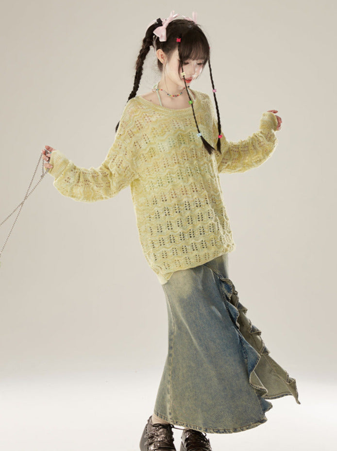 Skirt Slit Denim Frill Design