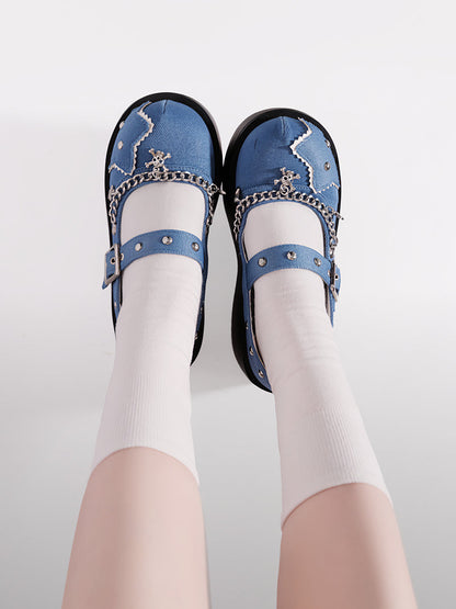 Buckle Star Toe Platform Denim One Punk Round Shoes