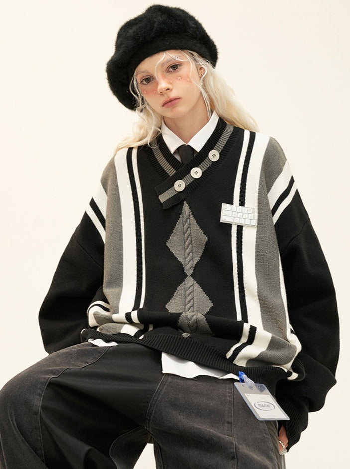Stripe Letter Art Argyle Sweater