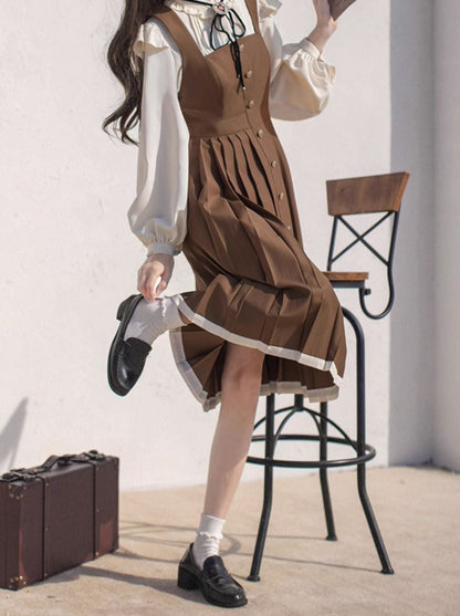 College Dress Shirt Pleated Suspender + Retro Ribbon Accessories Stand Ruffle Collar