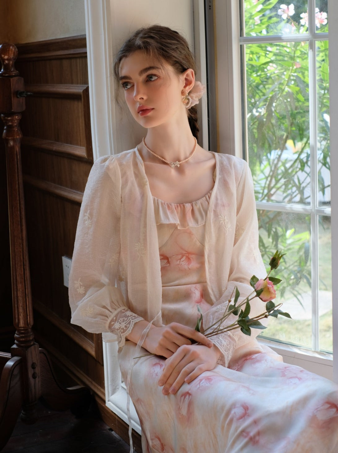 Long Suspender Dress Flower Blouse Cardigan + Sheer