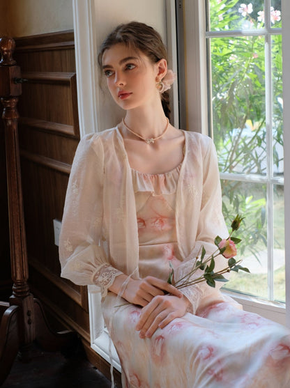 Long Suspender Dress Flower Blouse Cardigan + Sheer