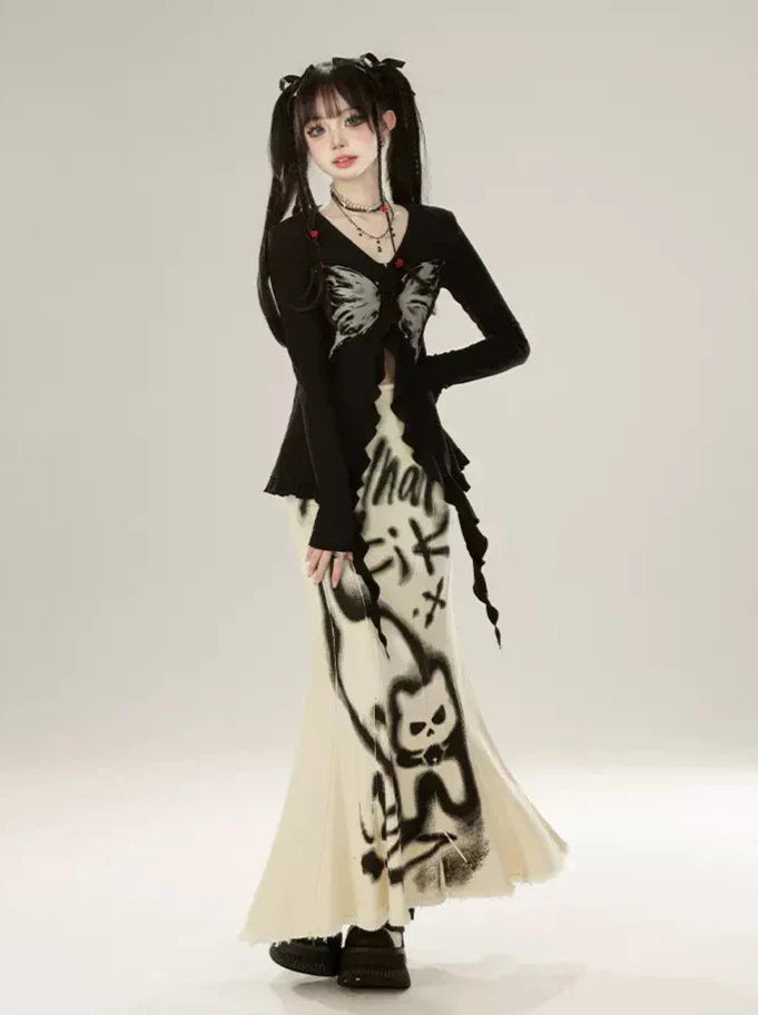 Butterfly Print Slim Cardigan Ribbon Ruffle