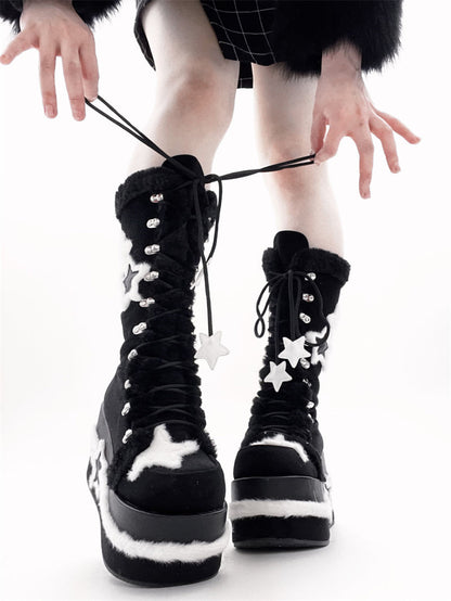 Bottes de sous-culture Y2K à plateforme mi-haute en velours et étoile
