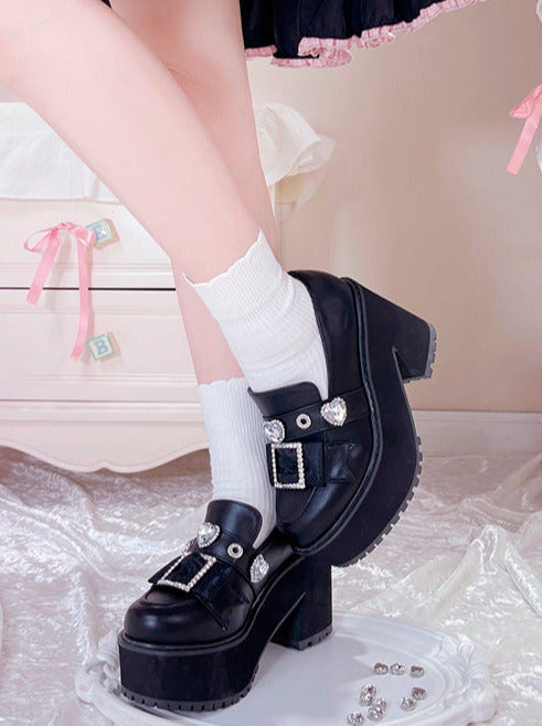 Enamel Platform Shoes Matte Toe Jewel Pointed Black Black Loafer