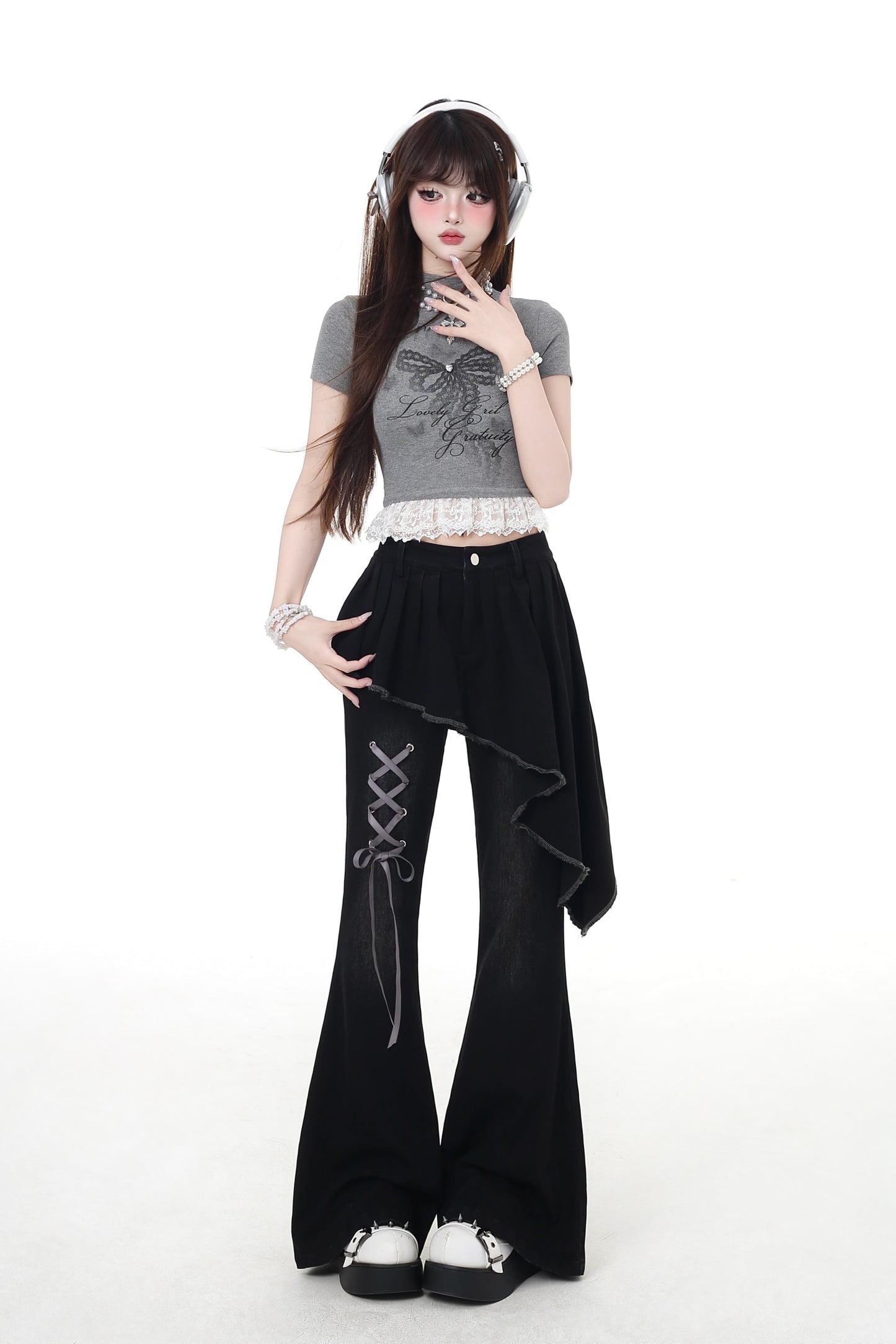 pants slim Lace-up flare long