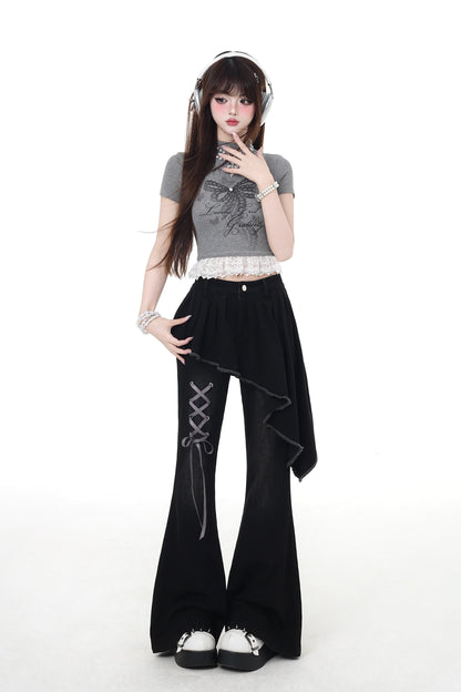 pants slim Lace-up flare long