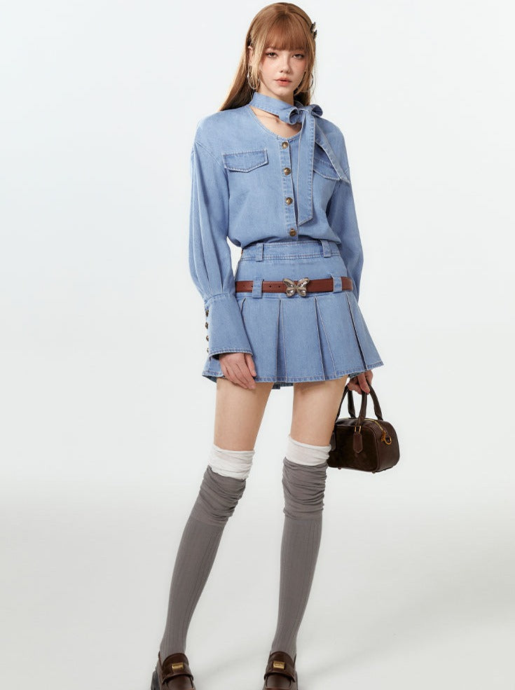 プリーツデニムネックシャツリボンスカート