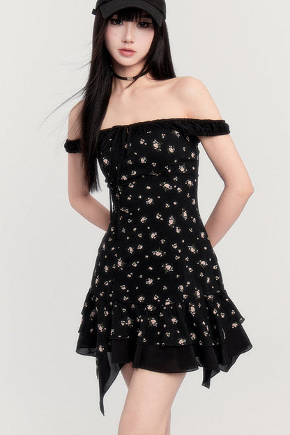 Off-Shoulder French Letter Dress Flower Love